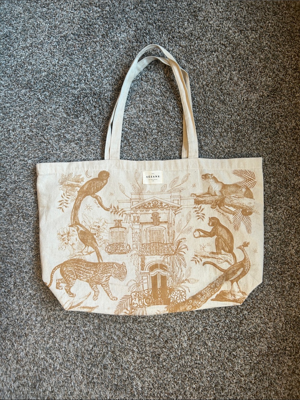 Sezane Beige Canvas Tote with Brown Botanical & Animal Print